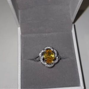 Elegant Yellow zirconia diamond Halo Floral Ring - Sparkling Silver Tone